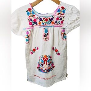 Handmade Mexican Dress Girls Size 12M White Floral Embroidered floral Artisan